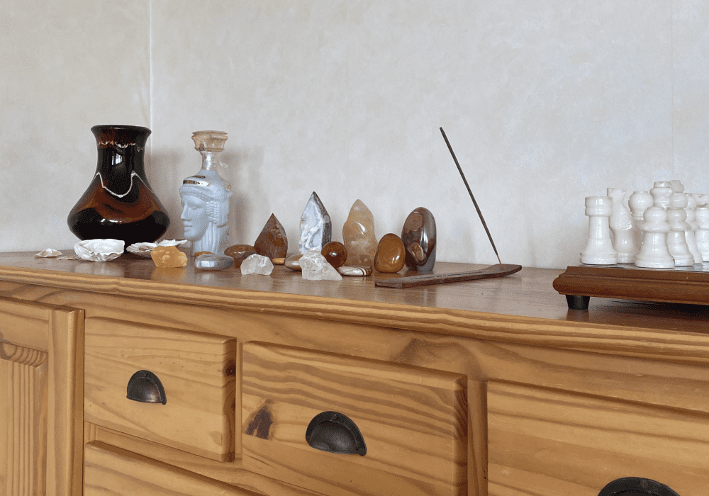 Wooden closed cabinet with decorations on top. ©ASTRAPEARL - DO NOT USE