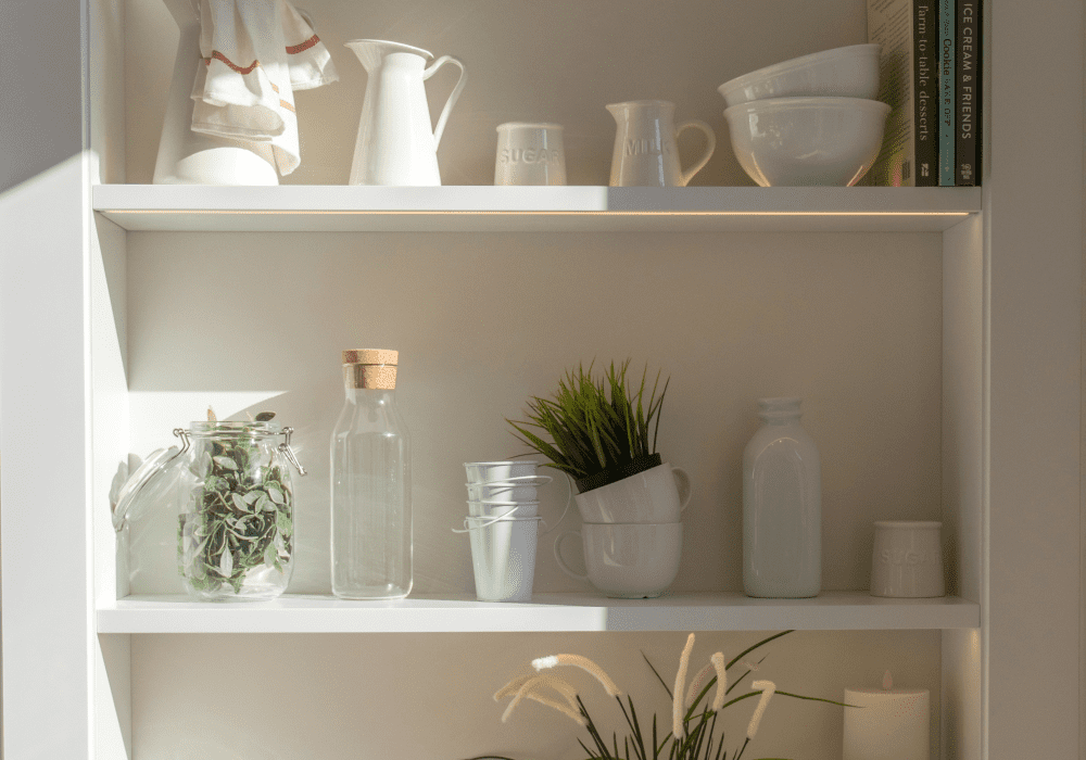 Open shelf with plants and tableware.