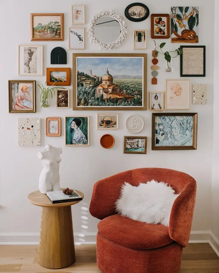 A whimsical gallery wall made of vintage pictures.