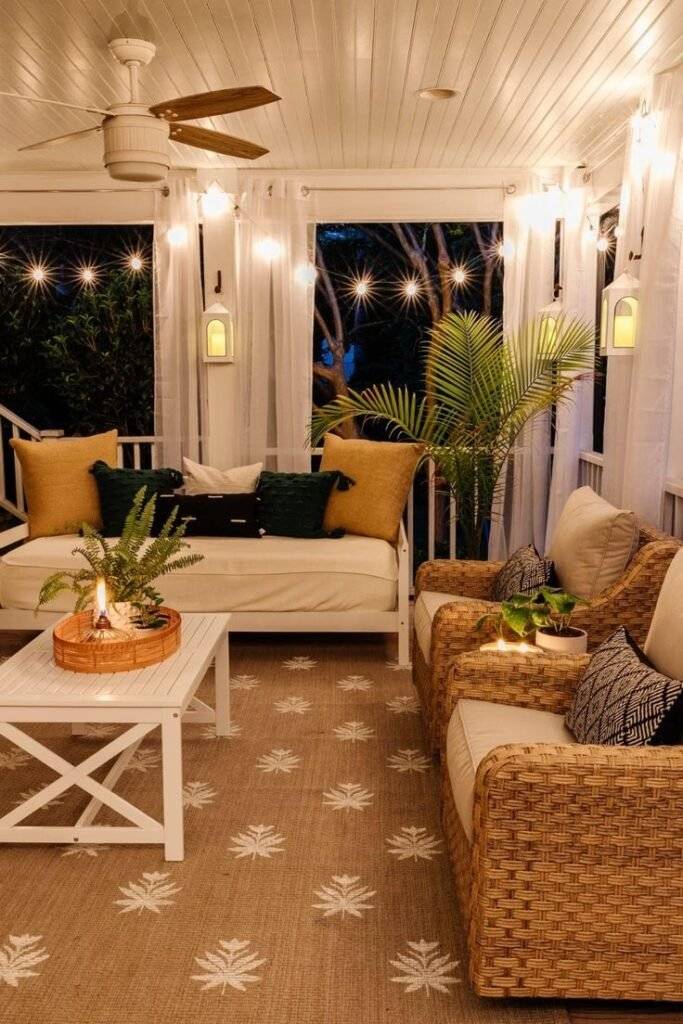 A cozy porch decor with string lights.