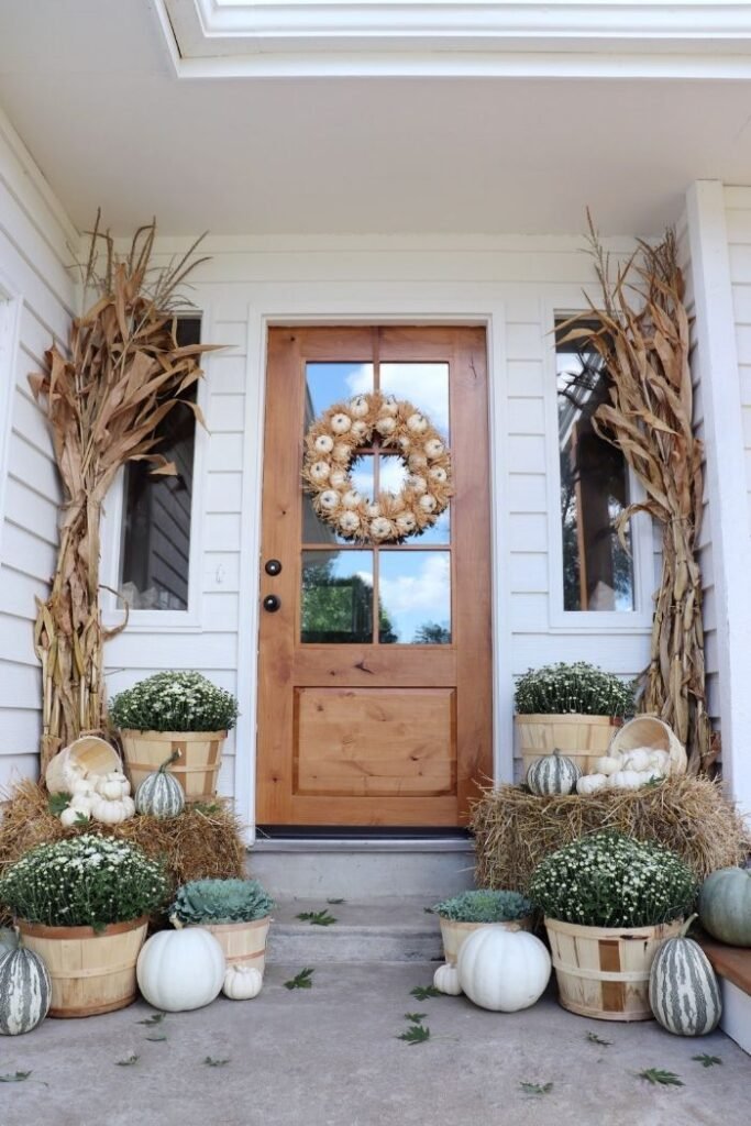 A wooden door with a fall wreath, cornstalks and many plants.