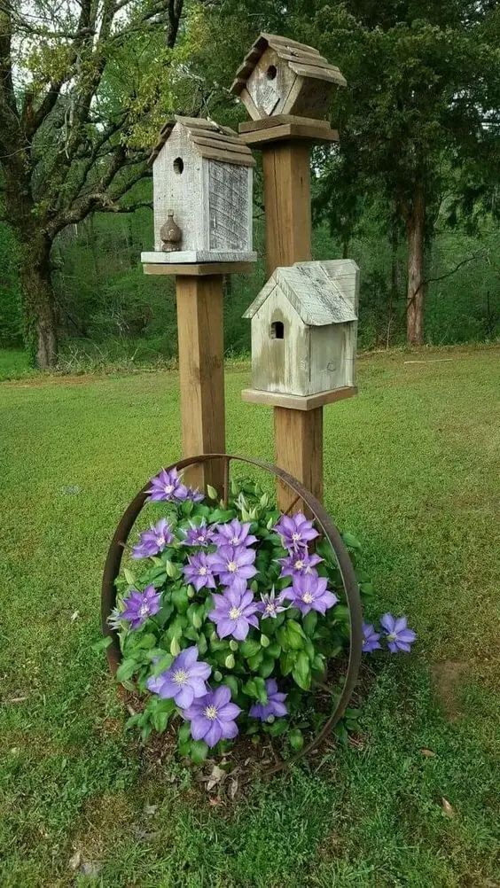 Bird houses in a garden.