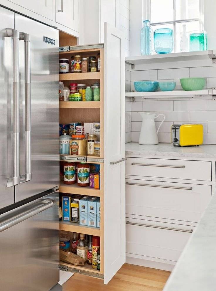 A vertical pull-out drawer to store dry goods and canned goods.