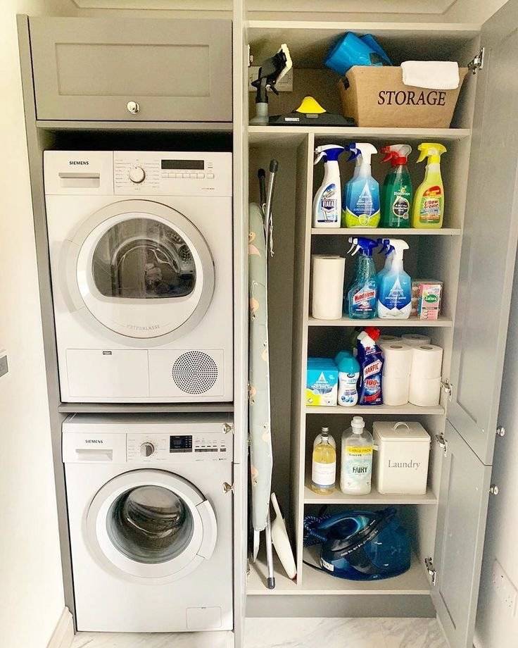 A laundry closet with a custom-made shelf.