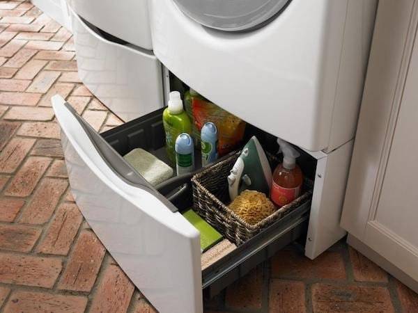 A drawer under a washing machine.