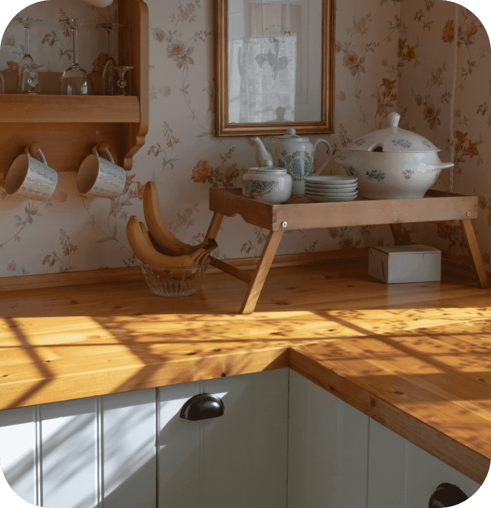 A wooden kitchen countertop with a floral wallpaper.