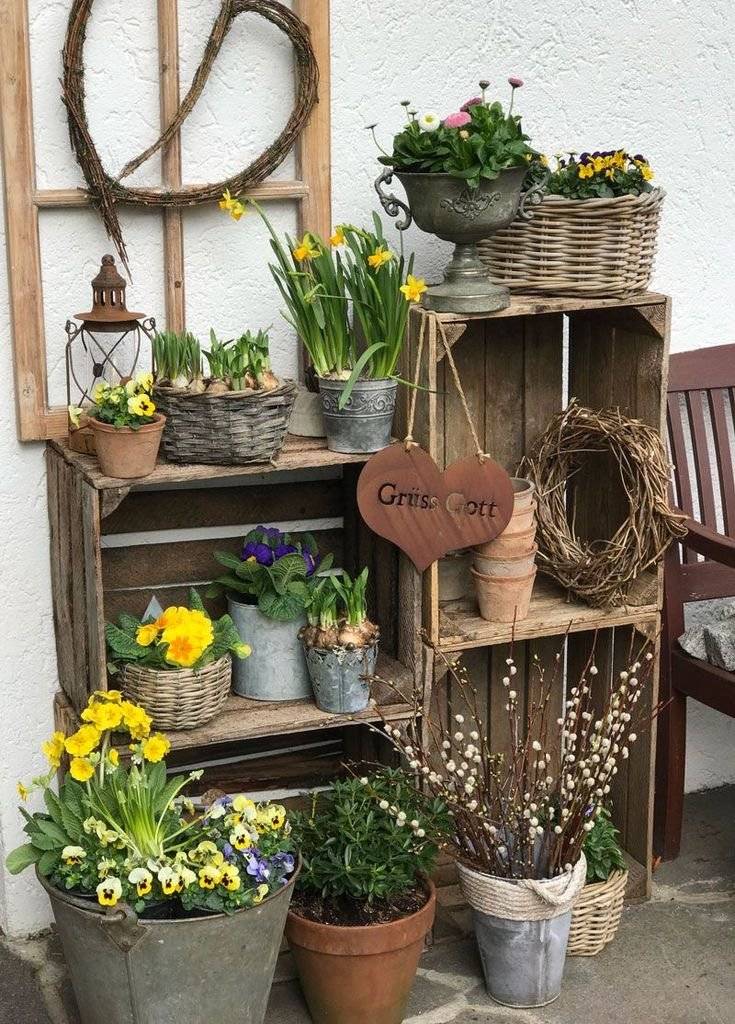 Wooden crates used as a shelf.