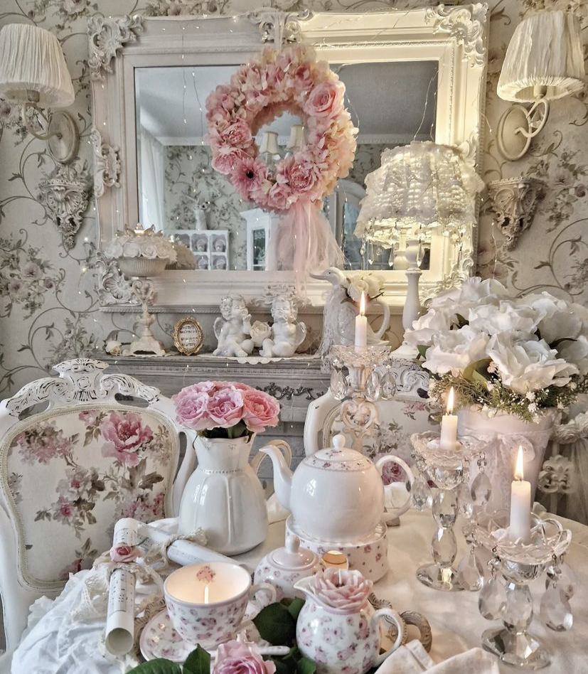 A maximalist shabby chic dining room with many floral patterns and decorative items.