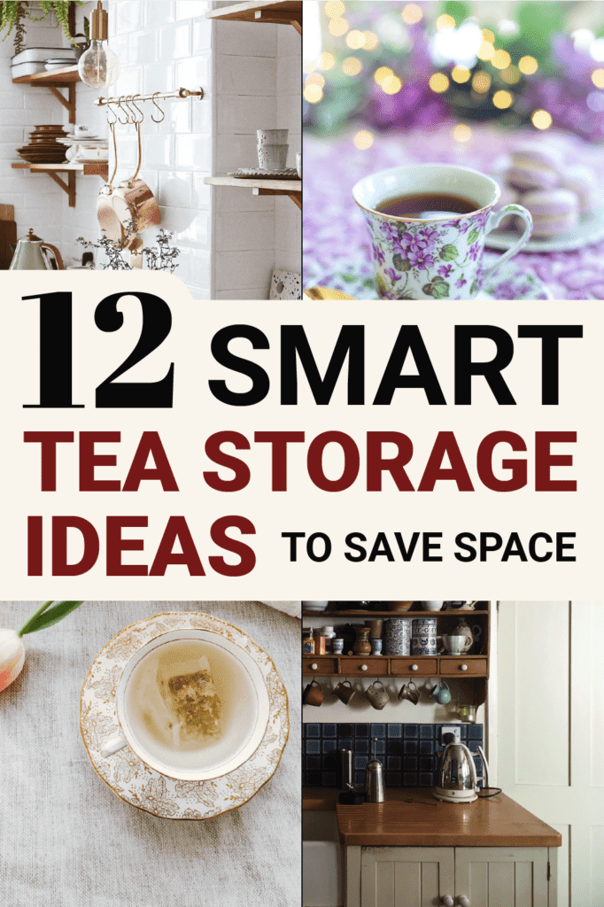 Pinterest pin for 12 smart tea storage ideas to save space.