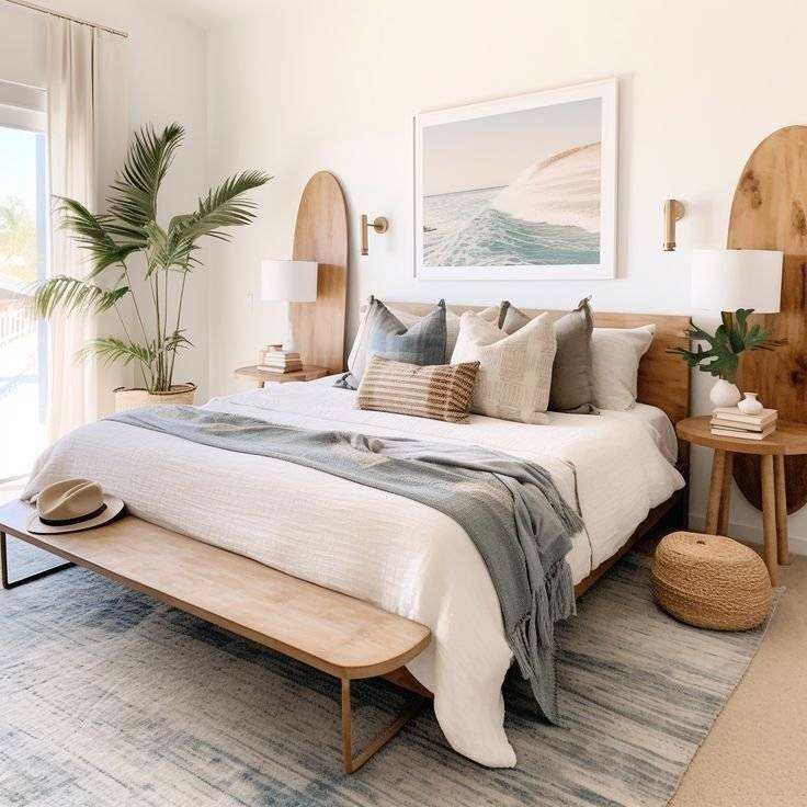 A coastal chic bedroom with many wooden furniture.