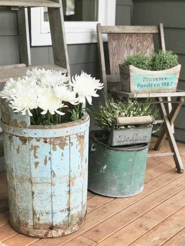 Distressed wooden barrels.