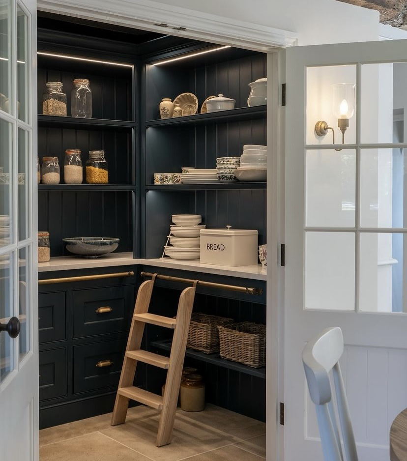 A black and gold walk in pantry.