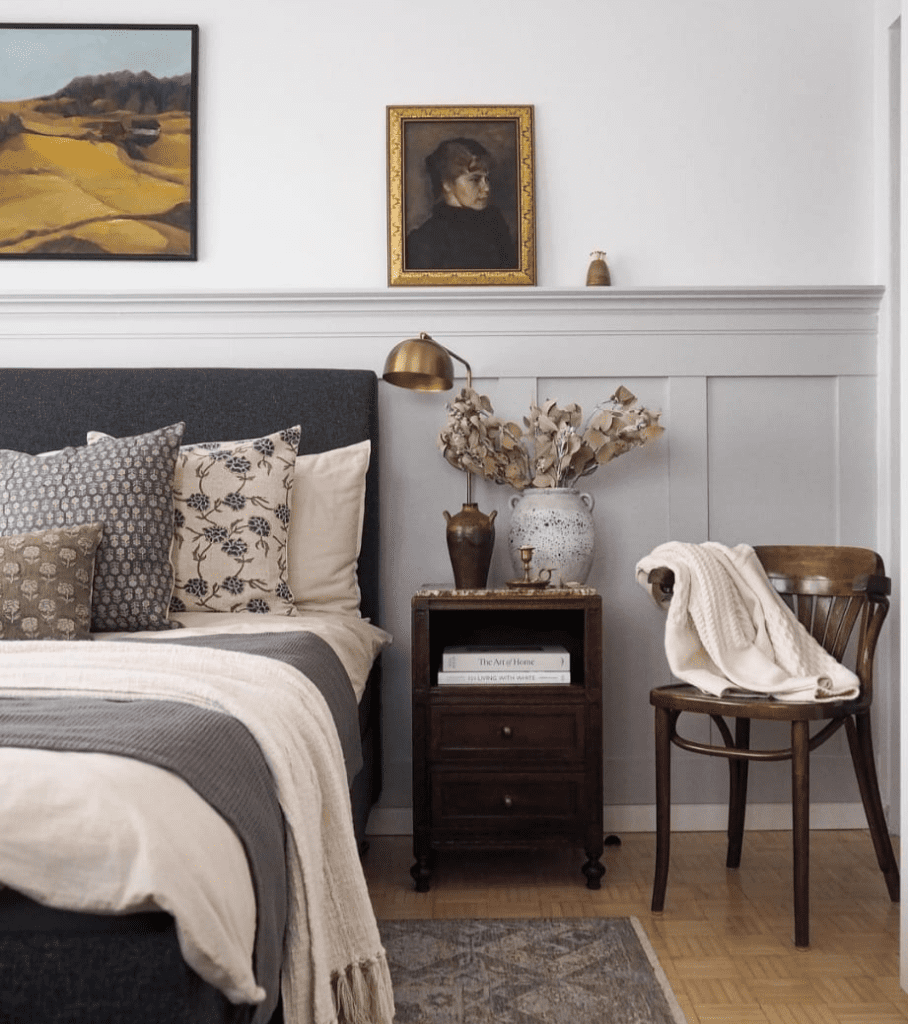 A white and gray bedding set.