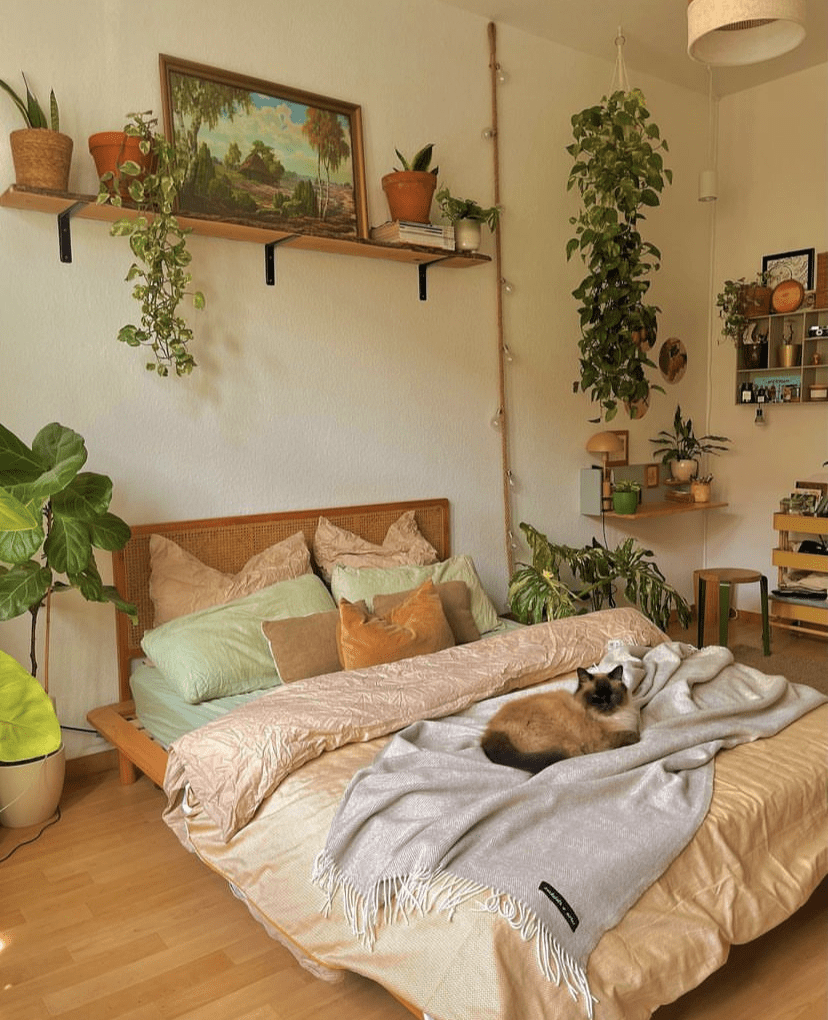 A light brown and pale green bedding set.