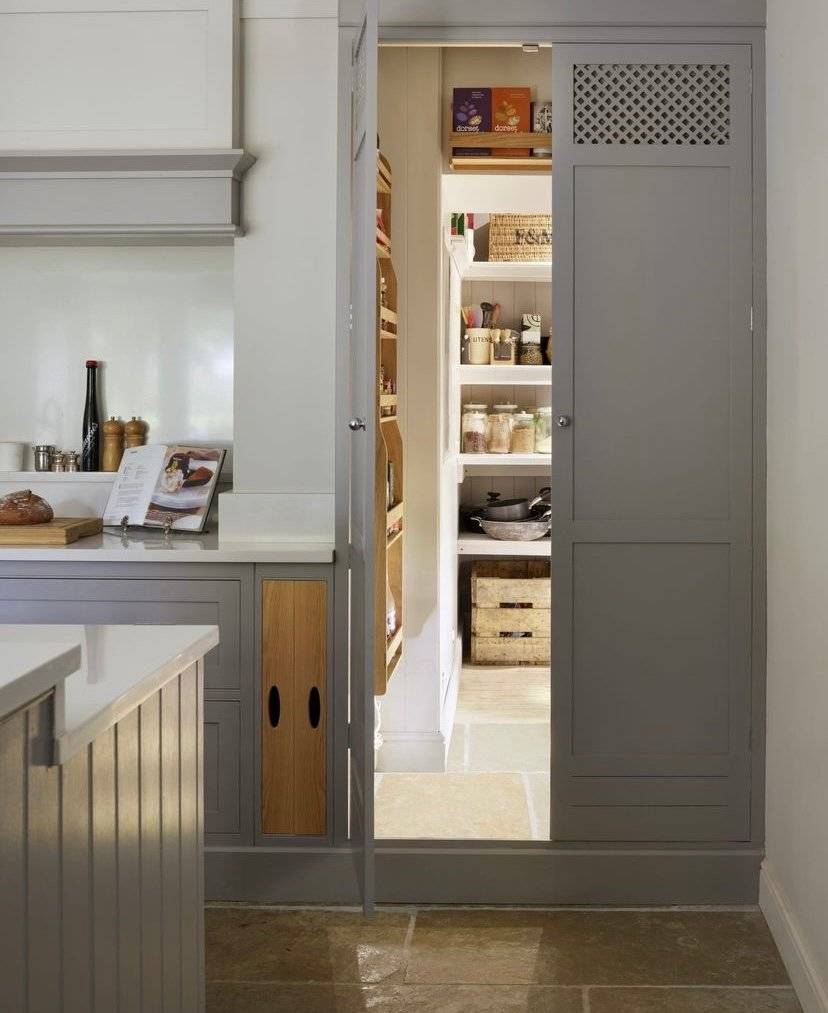 A gray walk in pantry.