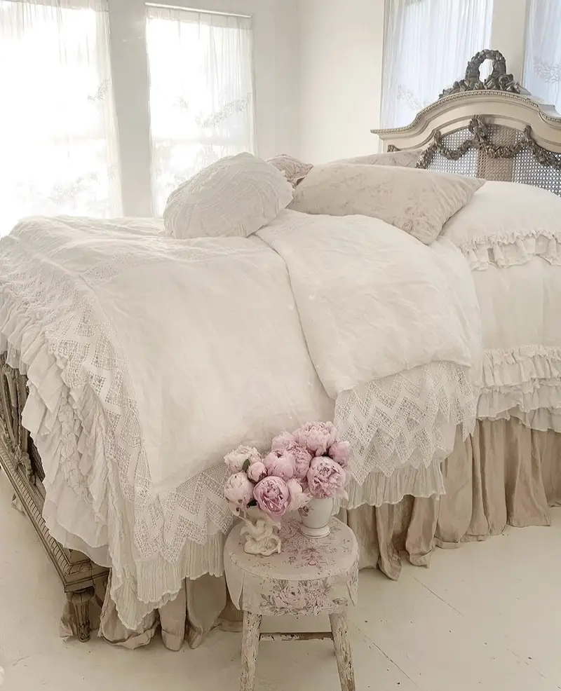 A white ruffled bedding set.