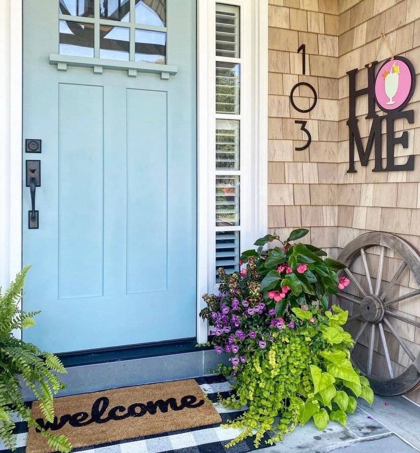 A blue door with plants.