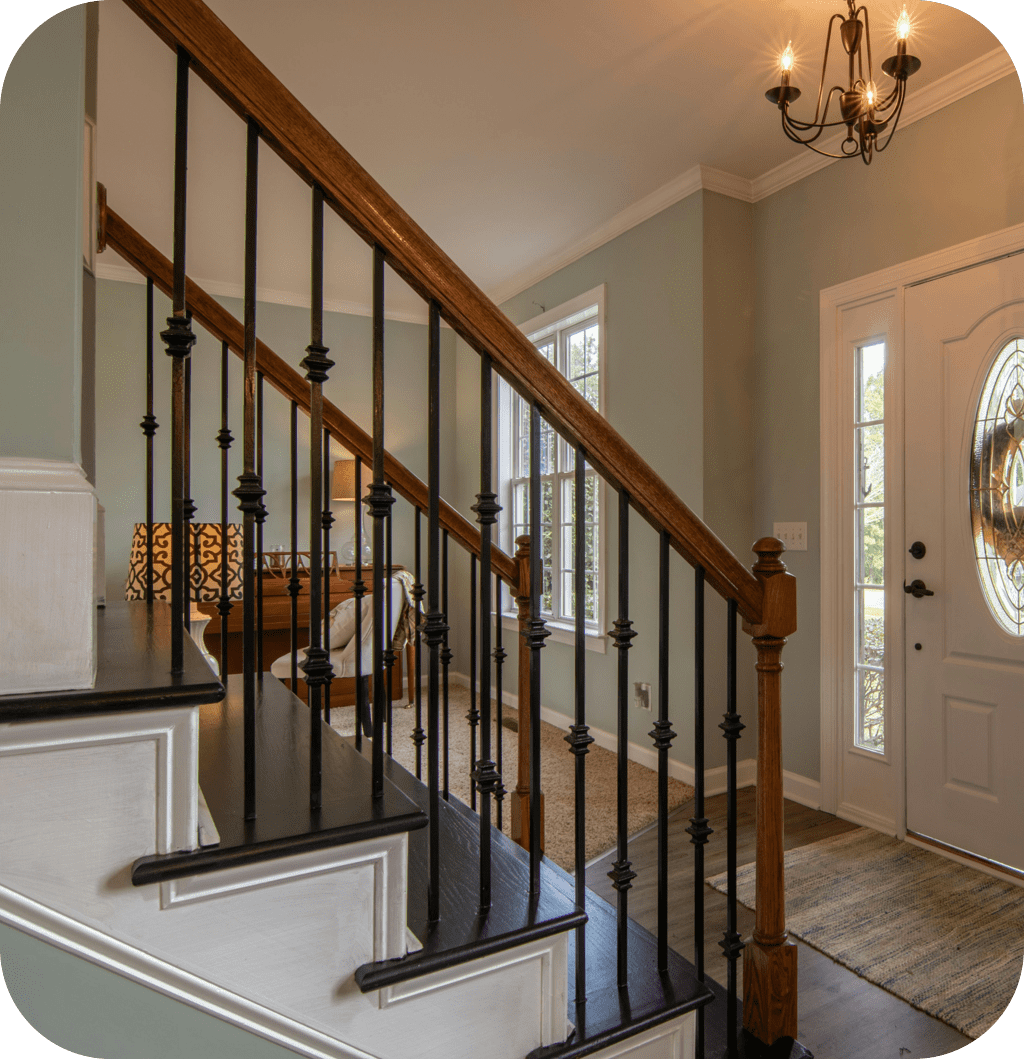 Stairs with an under stairs closet.