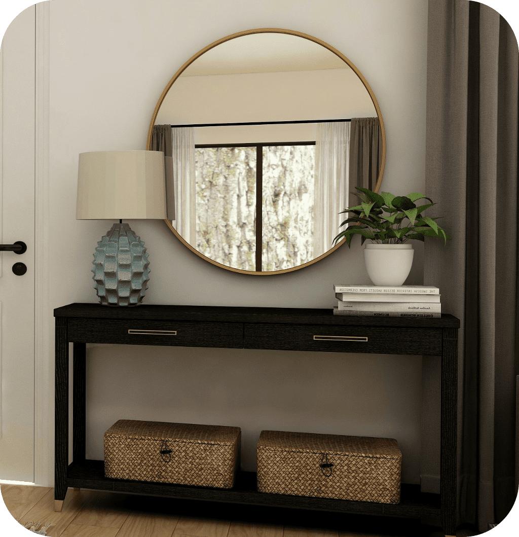 A black console table with a blue lamp and a gold mirror.