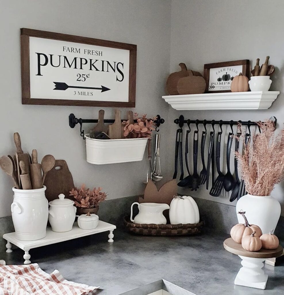 Fall signs and cutouts in a kitchen.