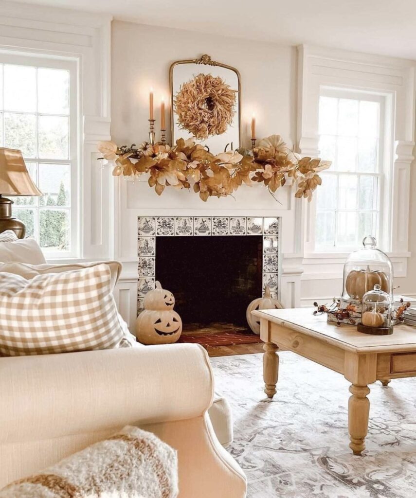 A mantel with candles, fall leaves and a fall wreath.