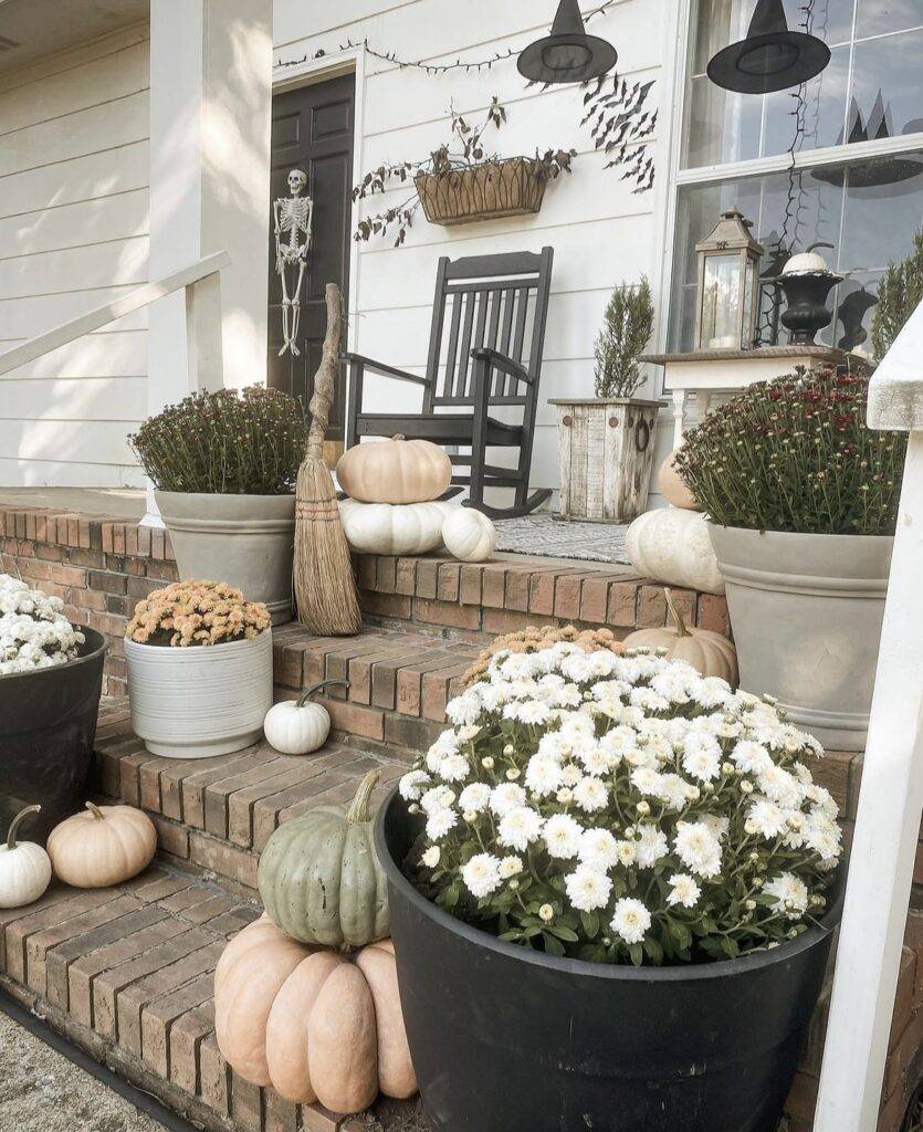 Pumpkins, a skeleton and bats.