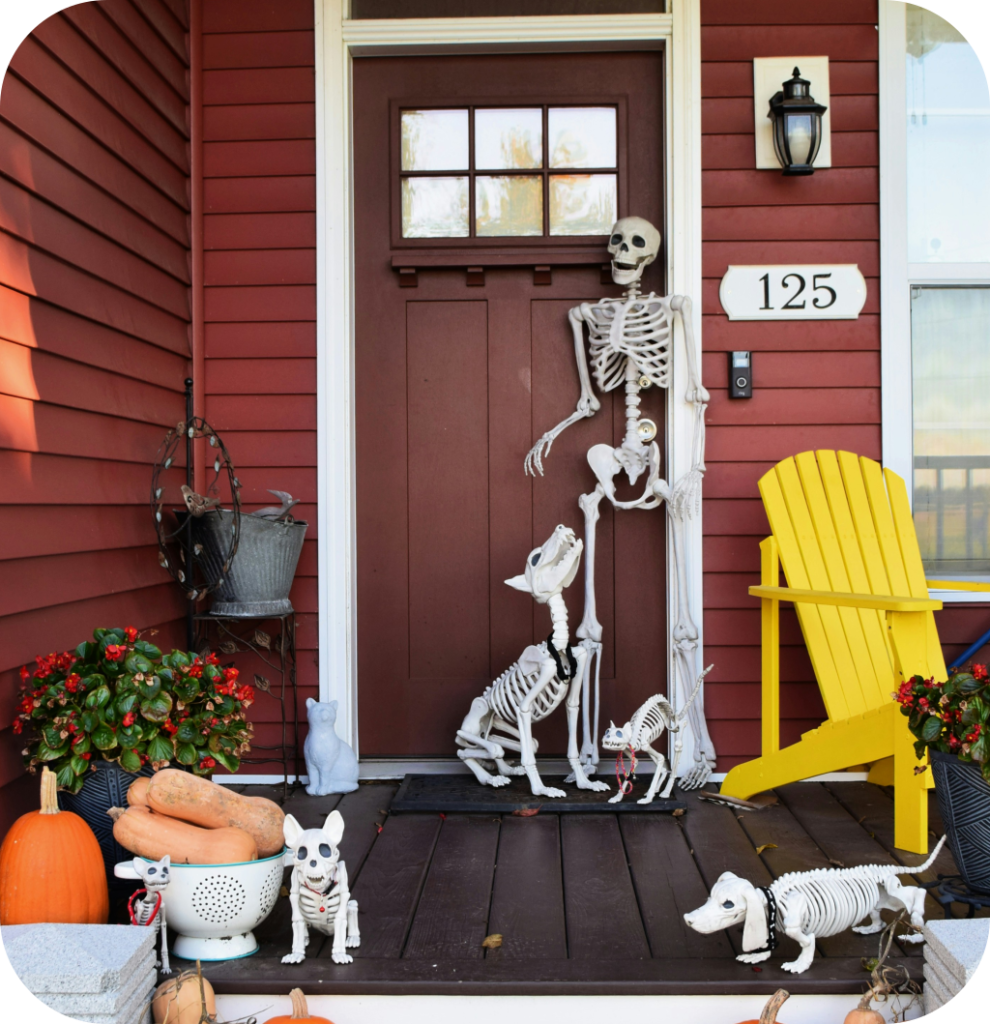 A human and dog skeleton on a porch.