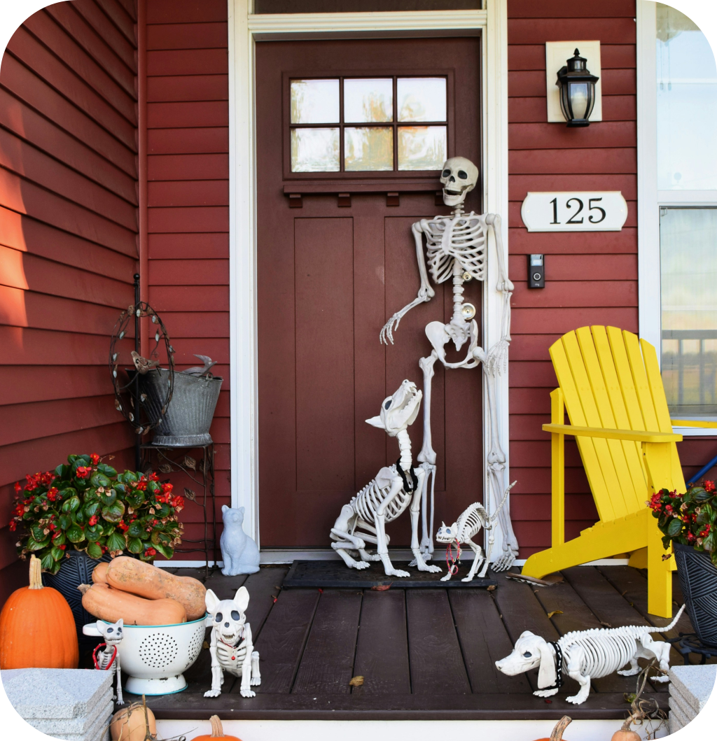 A human and dog skeleton on a porch.