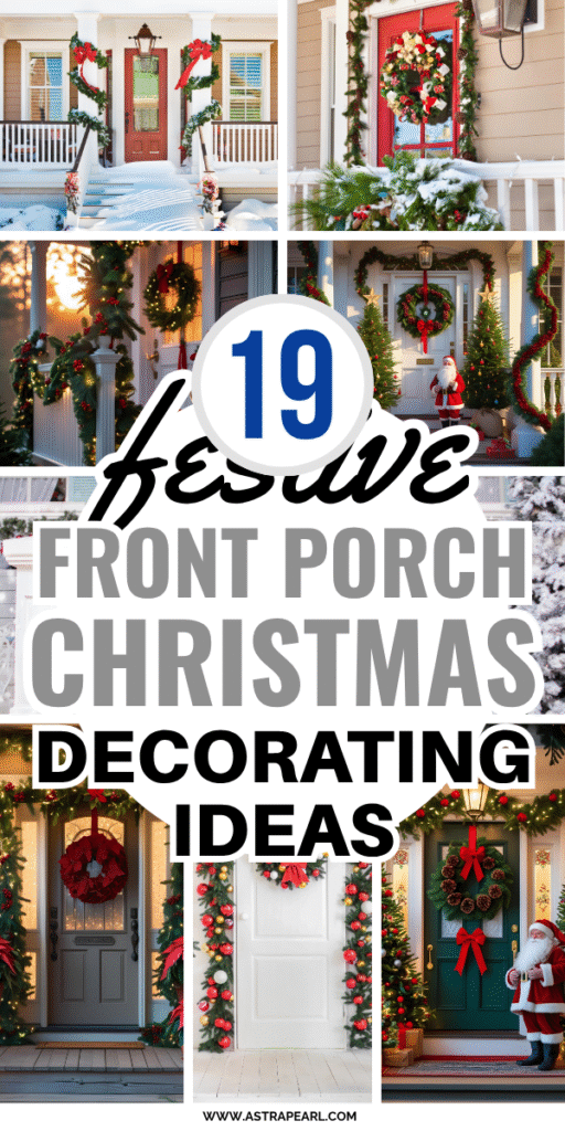 Pinterest Pin for front porch Christmas decorating ideas.