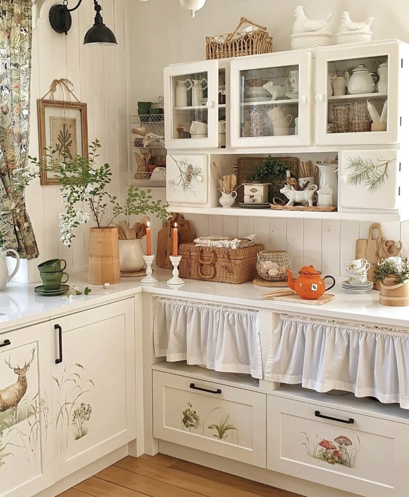 A cottage core kitchen with forest animal stickers and wooden utensils.