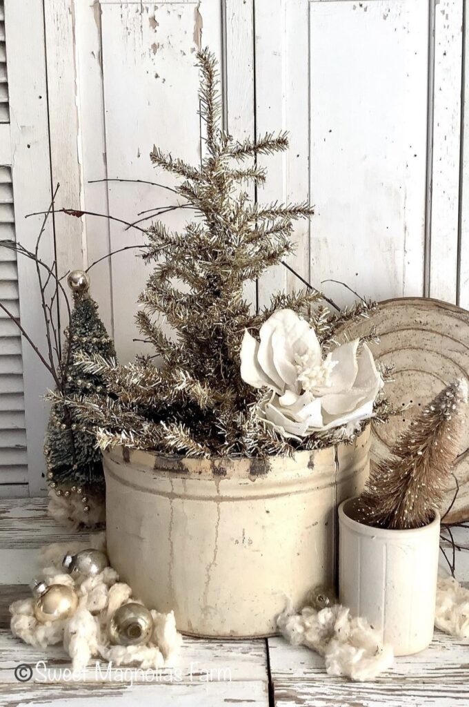 A Christmas tree in a wooden barrel.