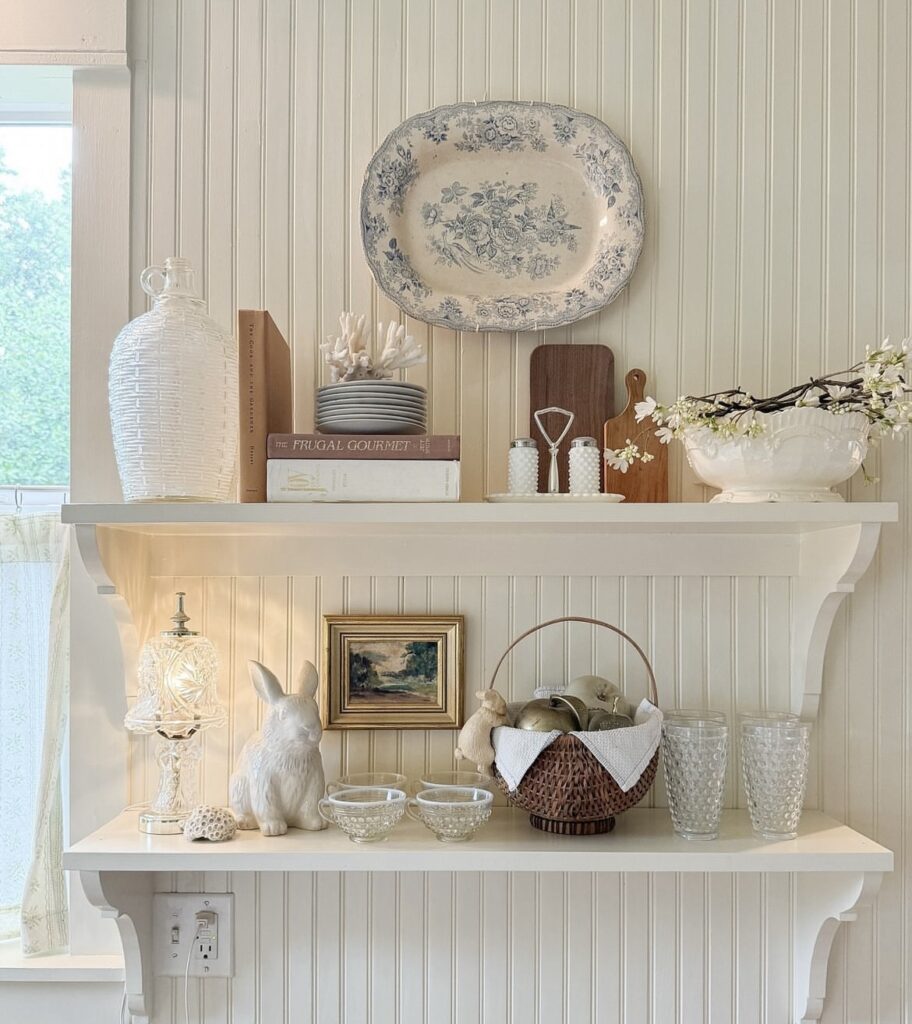 An Easter antique kitchen with bunnies and cherry blossom branches.