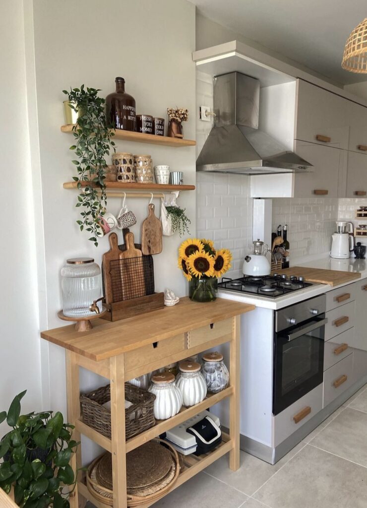 A neutral kitchen with plants and wooden furniture.