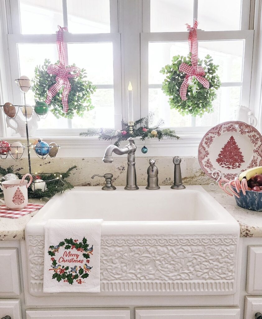 Christmas balls on a metal tray.