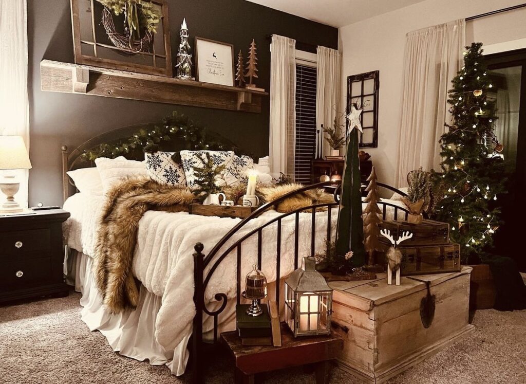 A rustic Christmas decor in front of the bed.