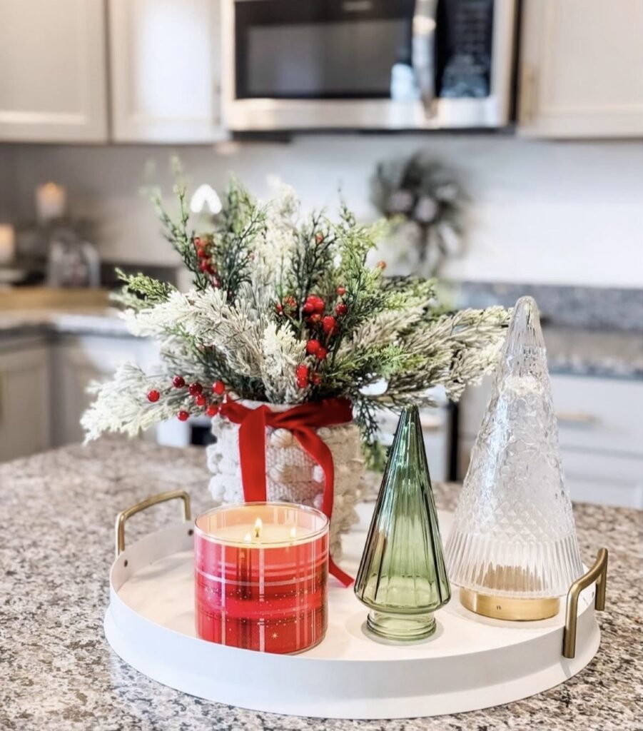 A Christmas tray with glass pine trees.