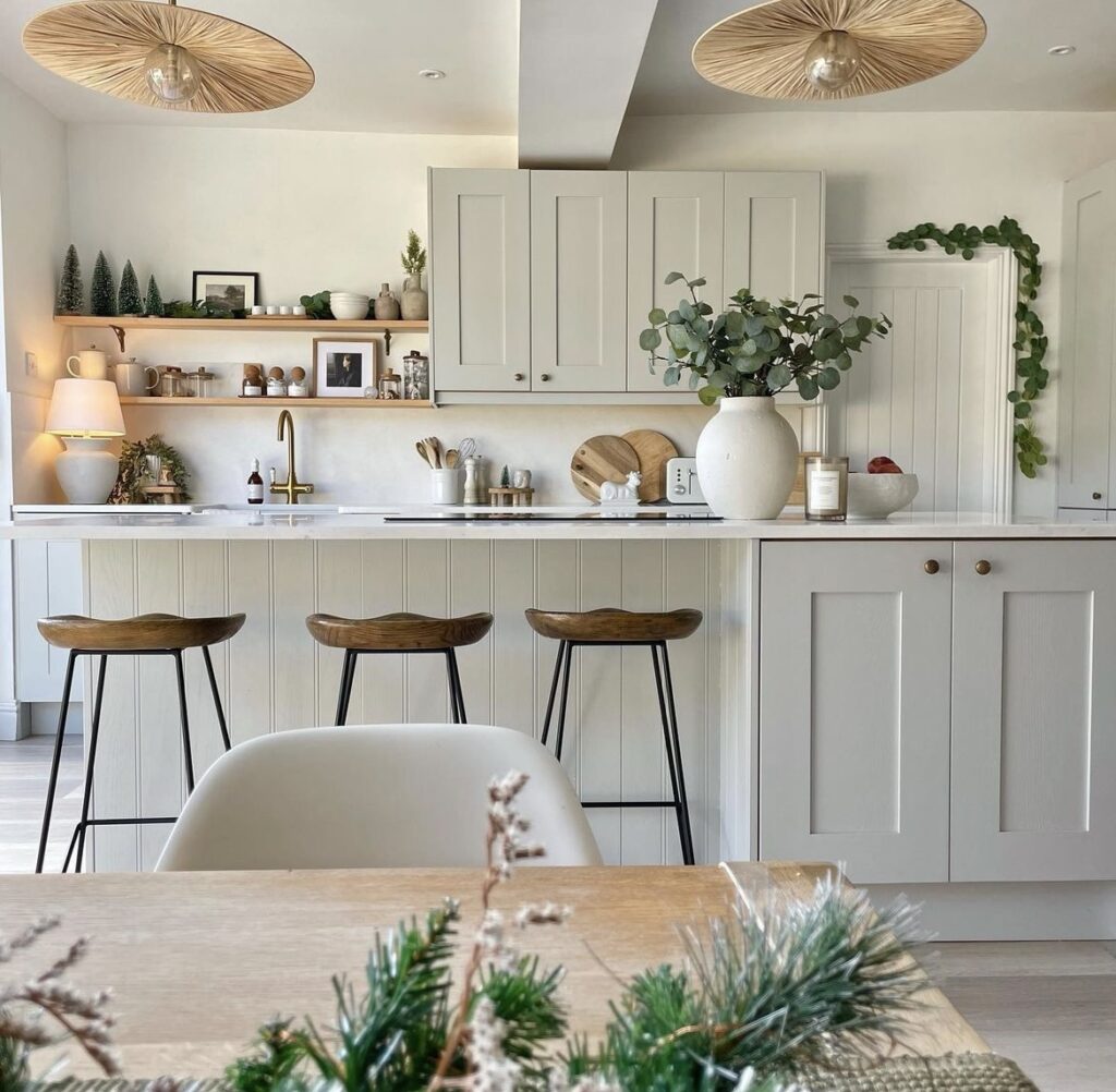 Mini pine trees placed on a kitchen shelf.