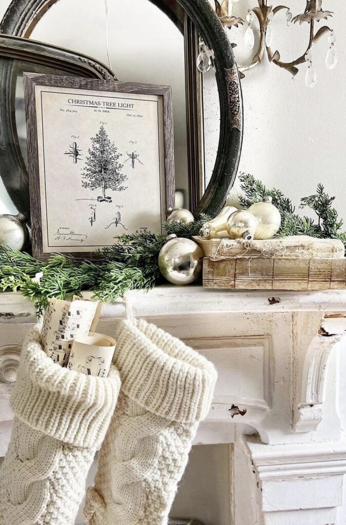 White Christmas stockings hanging on a mantel.