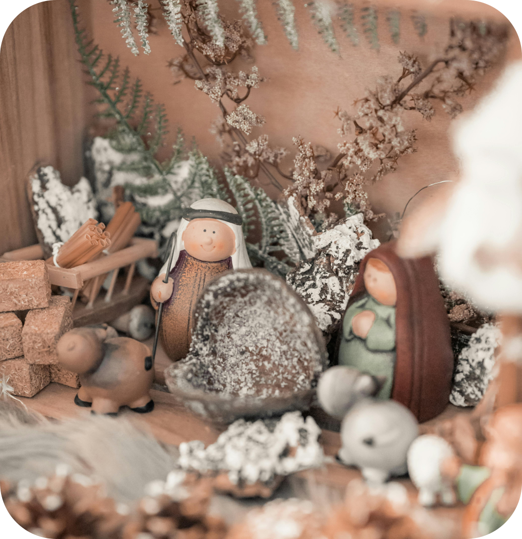 A wooden nativity scene.