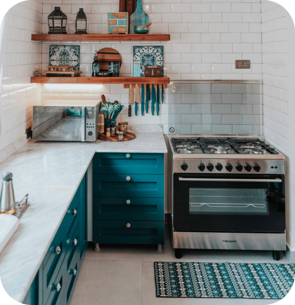 A blue kitchen.