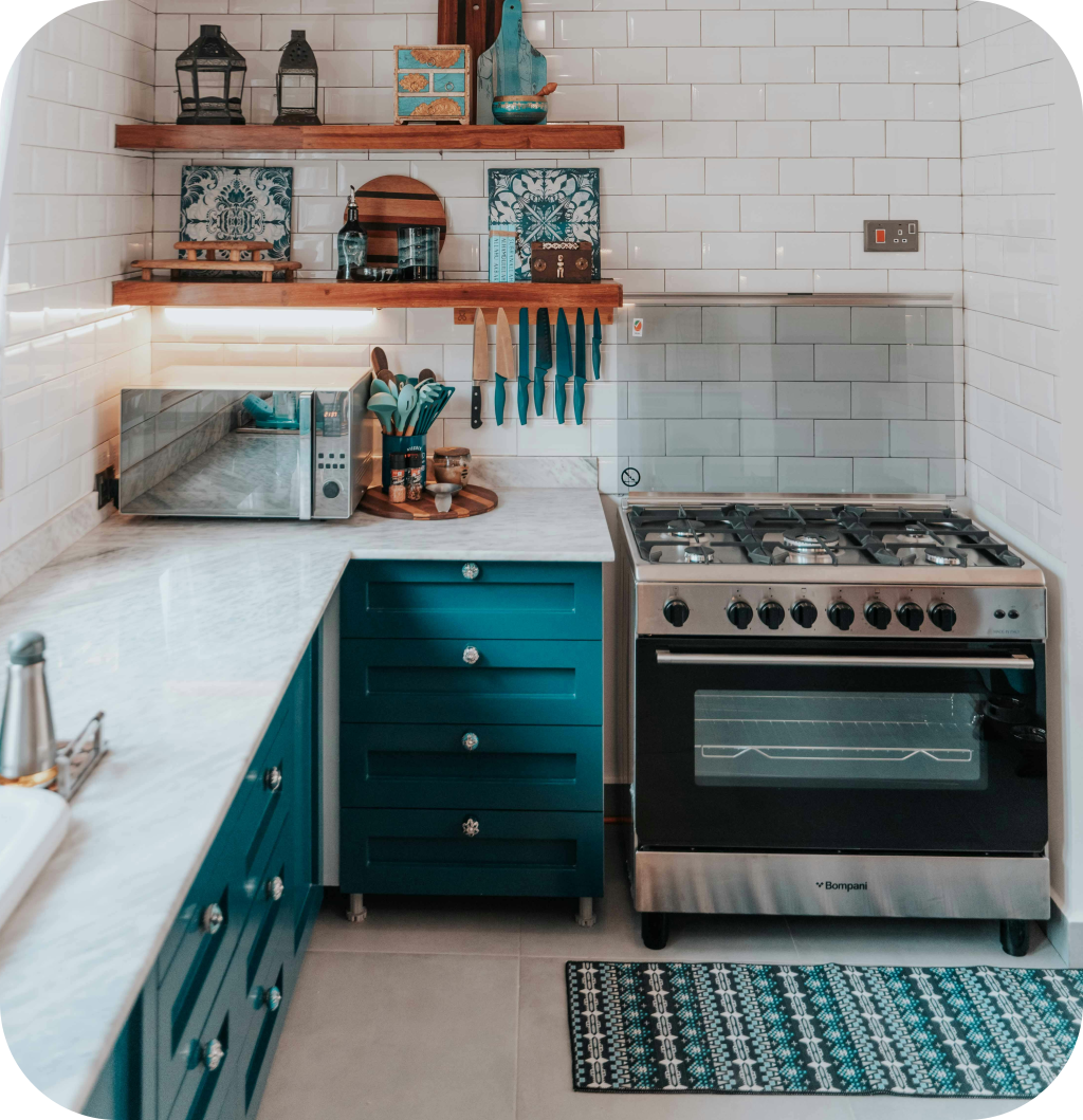 A blue kitchen.