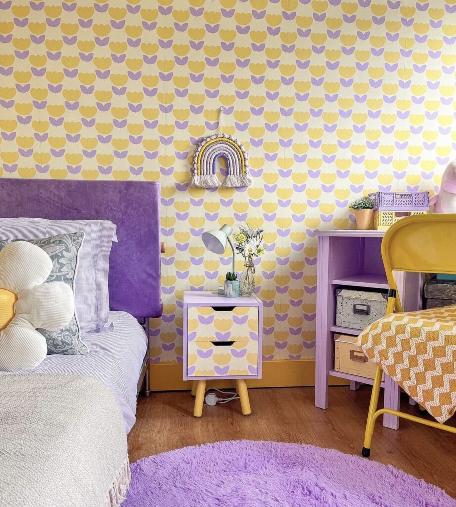 A purple and yellow bedroom.