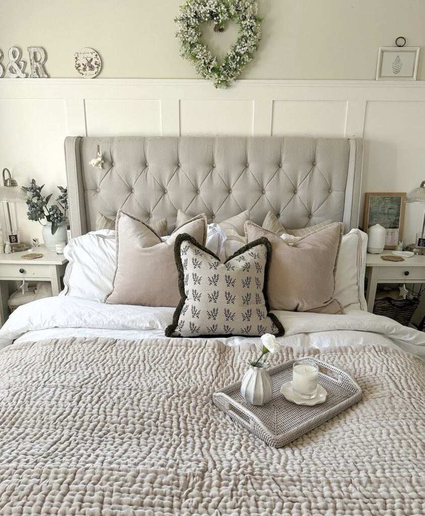 A gray and white bedroom.