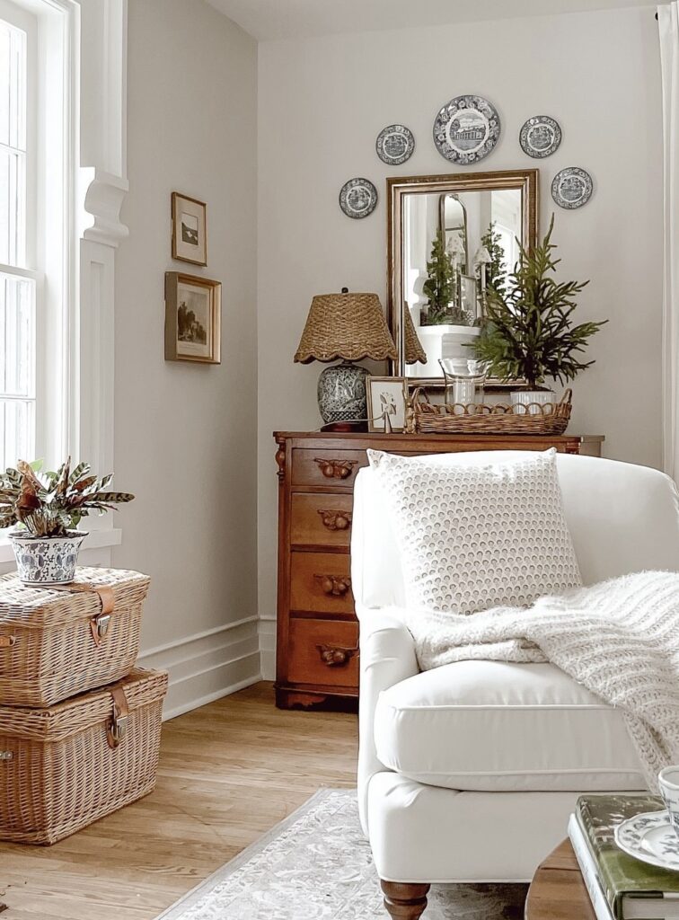 A cozy living room with decorative plates.