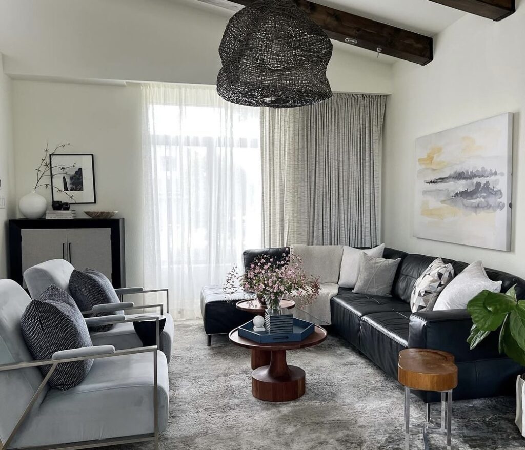 A cozy living room with a unique wooden coffee table.