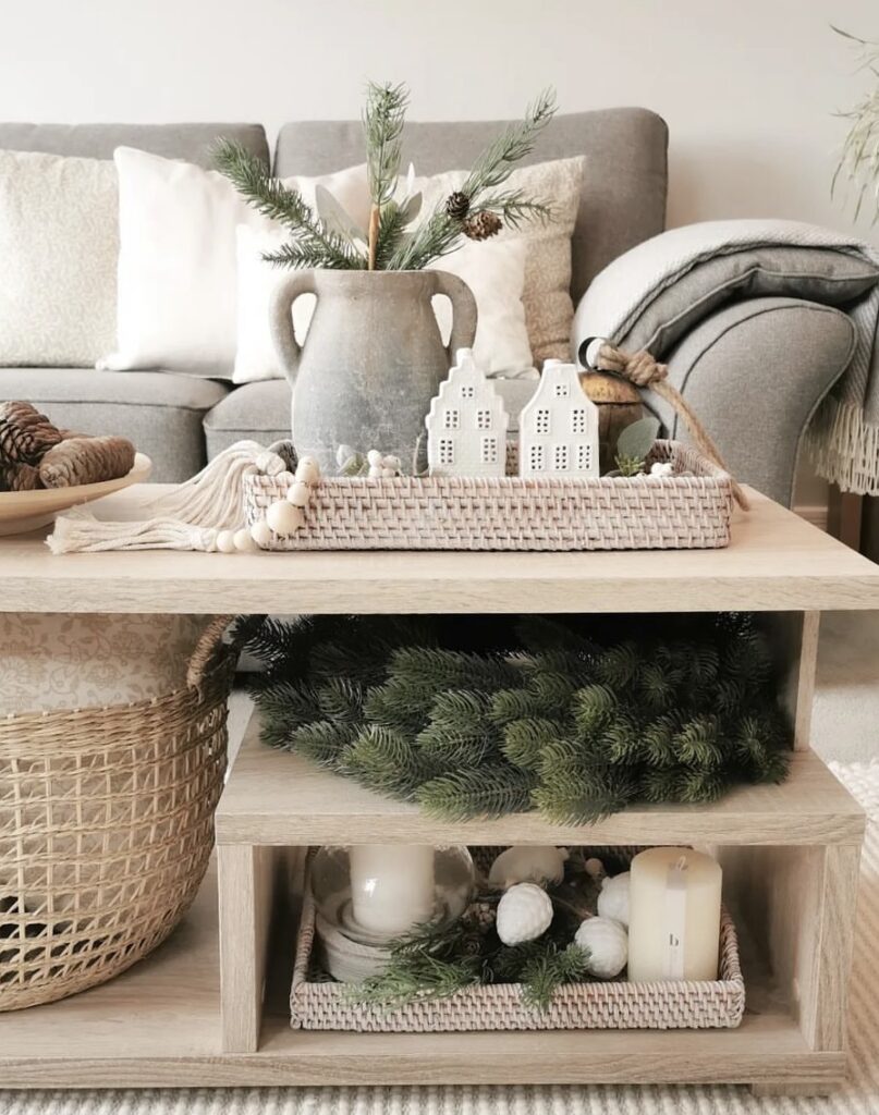 Christmas white houses on a wooden tray.