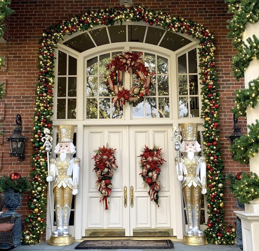 A pine branch garland with Christmas balls.