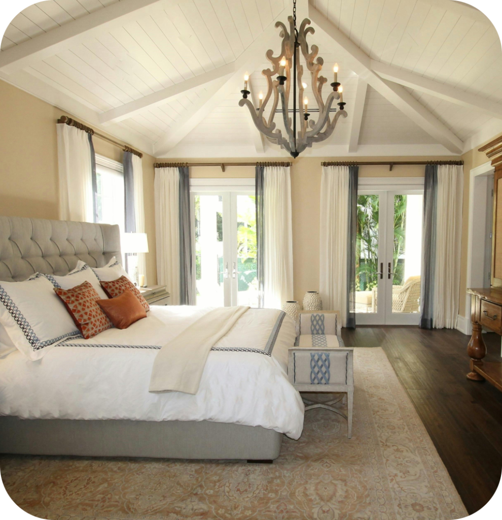 An elegant bedroom with a neutral color palette.