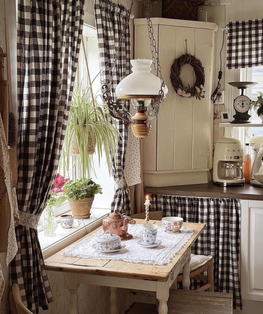 Vintage gingham curtains in a kitchen.