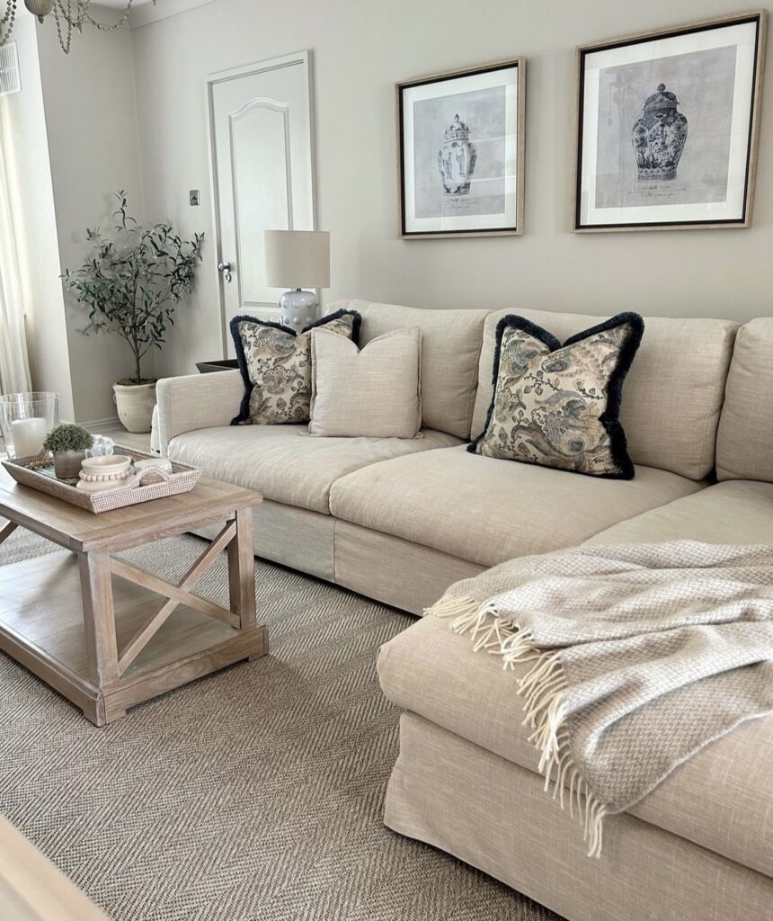 A neutral living room with a wooden coffee table.